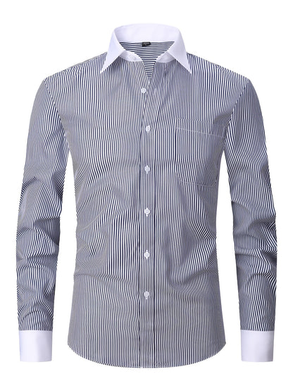 Men'S Striped Dress Shirt Long Sleeve - Premium Formal Shirt for Business, Weddings & Events, Lapel Collar, Single-Breasted, Wrinkle Resistant, Comfort Fit, Classic Office And Party Attire