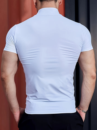 5pcs Men's Mock Neck Compression T-Shirts, Slim Fit Quick-Dry Athletic Tees, Breathable Polyester Workout Shirts for Gym, Training, Cycling, Running & Casual Outdoor Sports
