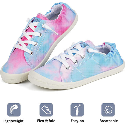 Tie-Dye Low Top Canvas Sneakers For Women Slip On Lace Up Flats