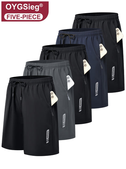 5pcs Men'S Sports Gym Workout Shorts, Quick Drying, Basketball Running Lightweight Shorts, Stretch Waistband Side Zip Pocket, Woven Fabric