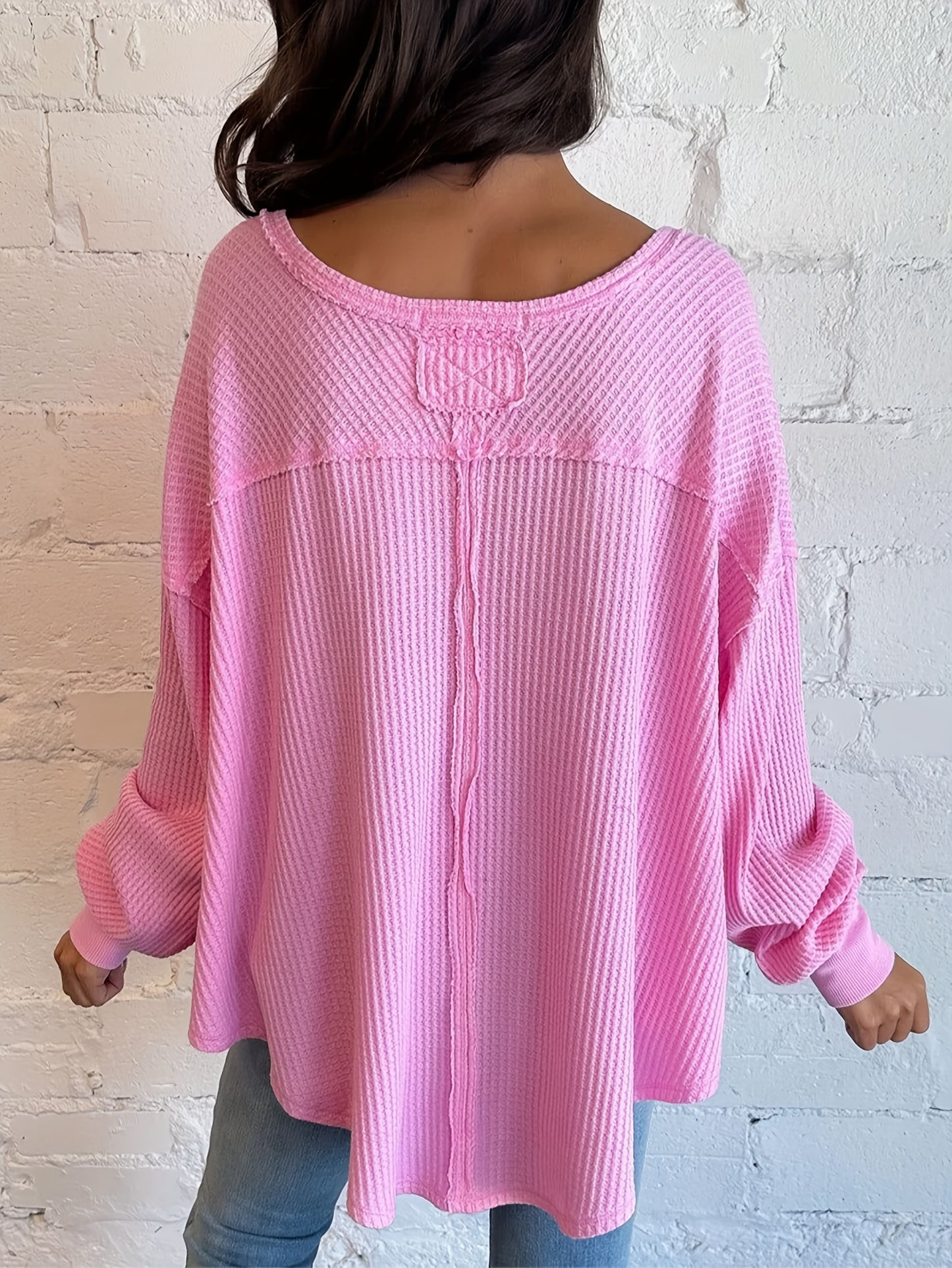Plus Size, Pink Waffle Top: V - Neck, Drop Sleeves, Asymmetric Hem. Loose Fit, Casual Style. Ideal for Daily Wear, Trendy Outfits. Stylish & Comfy