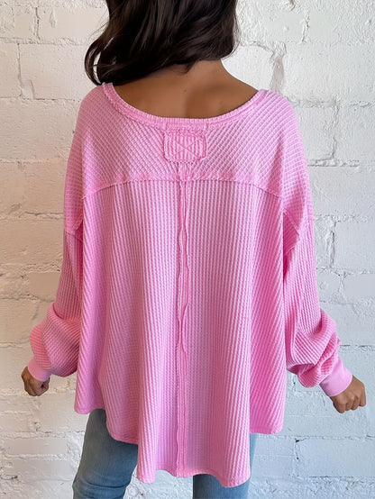 Plus Size, Pink Waffle Top: V - Neck, Drop Sleeves, Asymmetric Hem. Loose Fit, Casual Style. Ideal for Daily Wear, Trendy Outfits. Stylish & Comfy