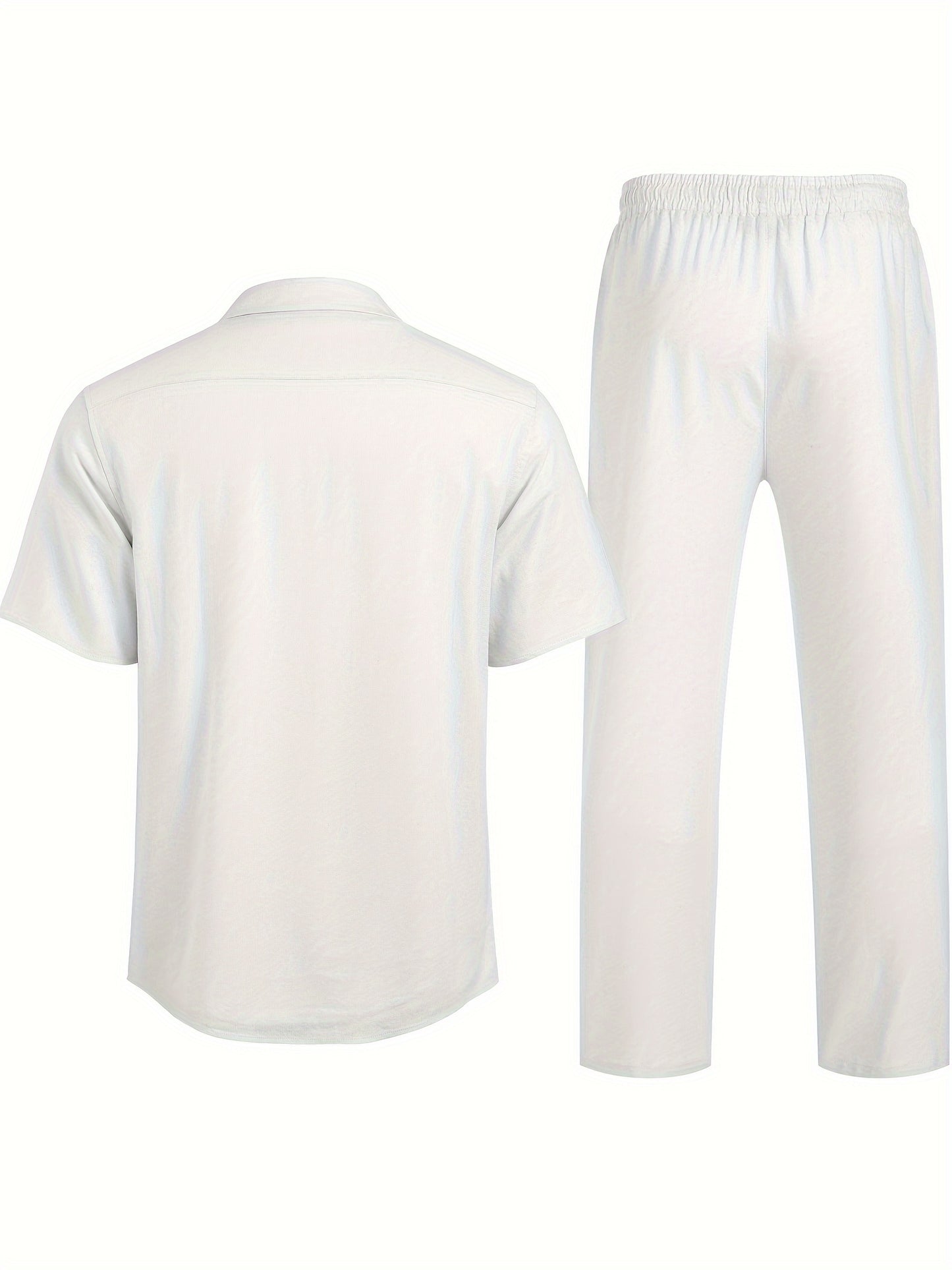 Men 2pcs Linen Outfit Beach Button- Shirt Casual Loose Pant Sets