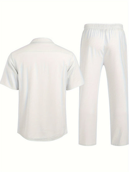 Men 2pcs Linen Outfit Beach Button- Shirt Casual Loose Pant Sets