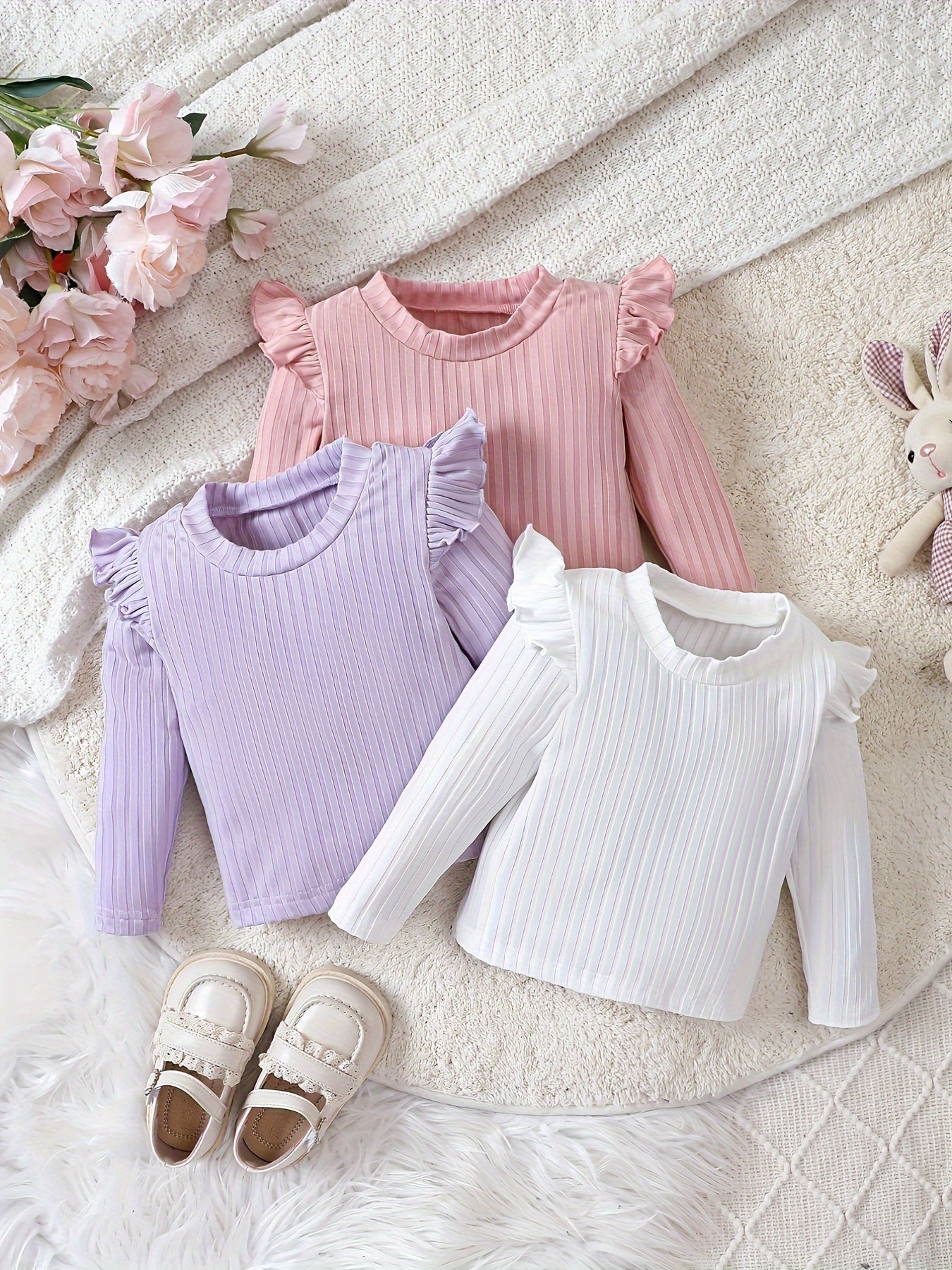 Girls' Clothing - School Season Gifts - Spring/Autumn Round-Neck Short-Sleeved Plaid Base Shirt - Long-Sleeved T-Shirt Set of 3 - Versatile And Cute Casual Style - Baby Girls' Long-Sleeved T-Shirt - Valentine'S Day Gift