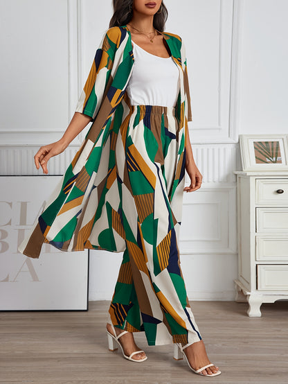 Vacation Style Geo Print Pantsuits Set, Long Length Short Sleeve Shirt & Wide Leg Pants Outfits, Women's Clothing