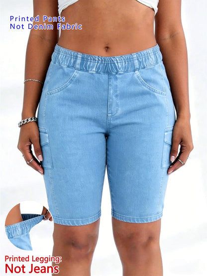 【imitation denim】Printed Pants- Non Denim Fabric 2026 Spring/Summer Hot Trend Non-Denim Base Tight Shorts with Full Elasticity, Retro Print, Suitable for Commuting and, Machine Washable