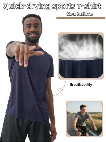 5pcs Men'S Summer Loose Crew Neck Short Sleeve T-Shirt - Check Fabric Top-Moisture-absorbent, Breathable, Soft And Comfortable For Daily Sports, Fitness And Training