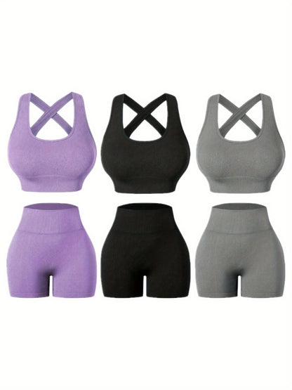 Three Sets of Seamless Women'S Sportswear Suits, Featuring High Elasticity, See-Through Back Bras And Tight-Fitting Short Pants for Enhancing Buttocks