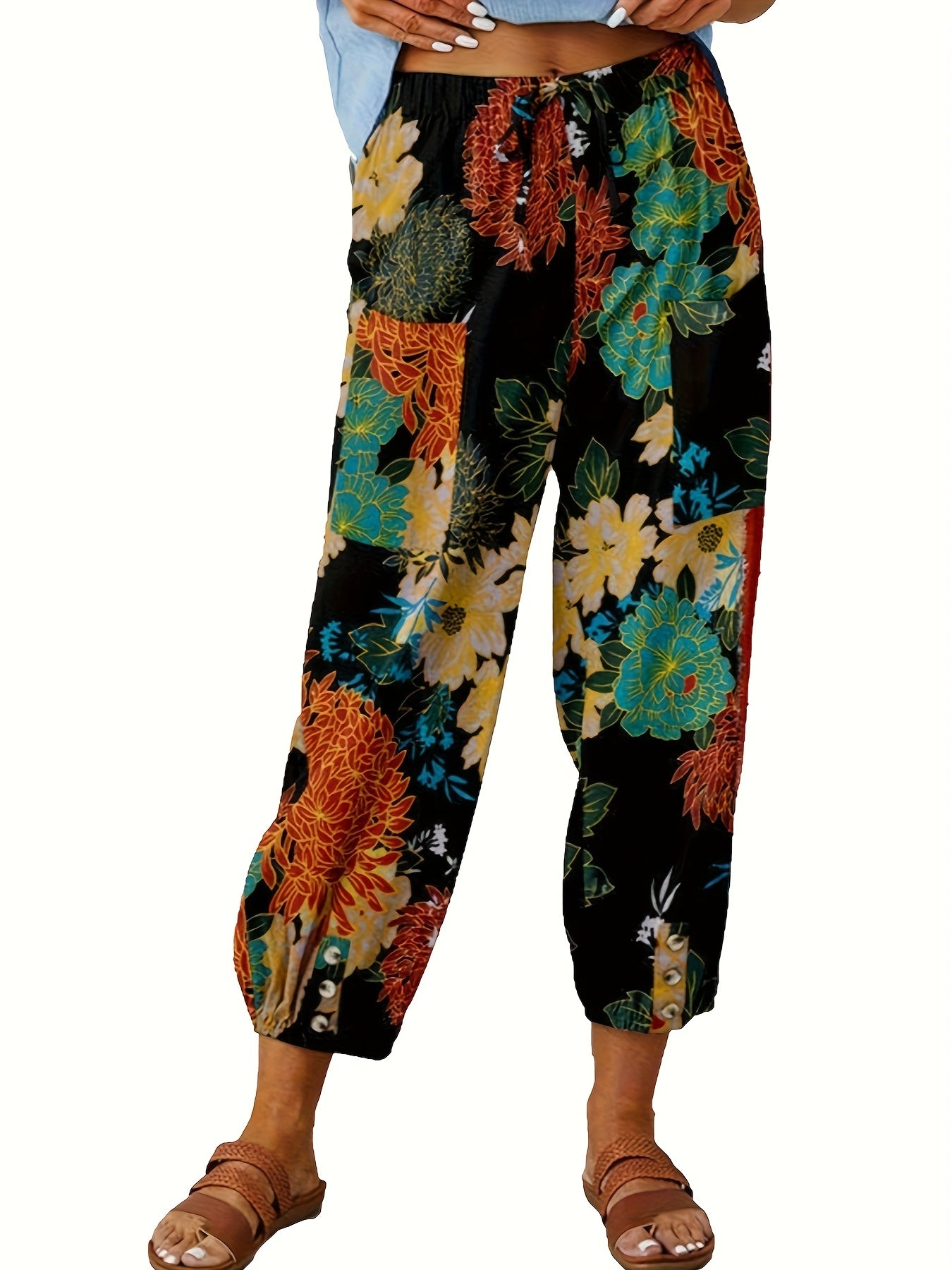 FOEIERAA 3pcs Women's High Waist Jogger Pants, Elastic Waist Retro Print, Loose Comfortable Casual Trousers for Outdoor Commute