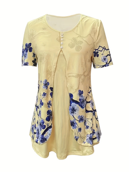 New Summer Short-sleeved Printed Fake 2pcs T-shirt V-neck Fashion Stud Top