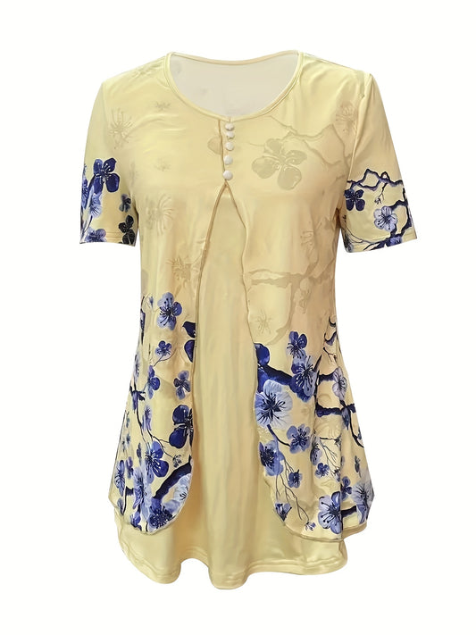 New Summer Short-sleeved Printed Fake 2pcs T-shirt V-neck Fashion Stud Top