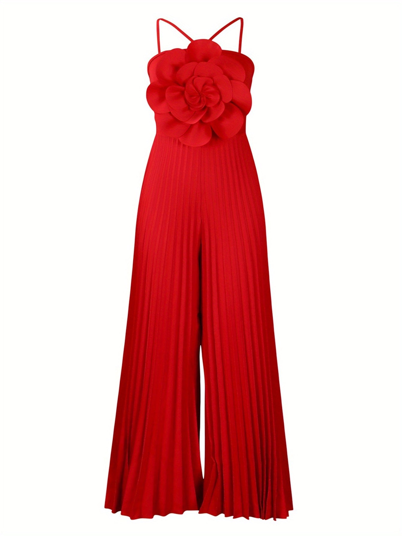 Plus Size - Plus Size - New Women'S European And American Summer Hanging Neck Three-Dimensional Flower Solid Color Wide Leg Plus Size Foreign Trade Jumpsuit