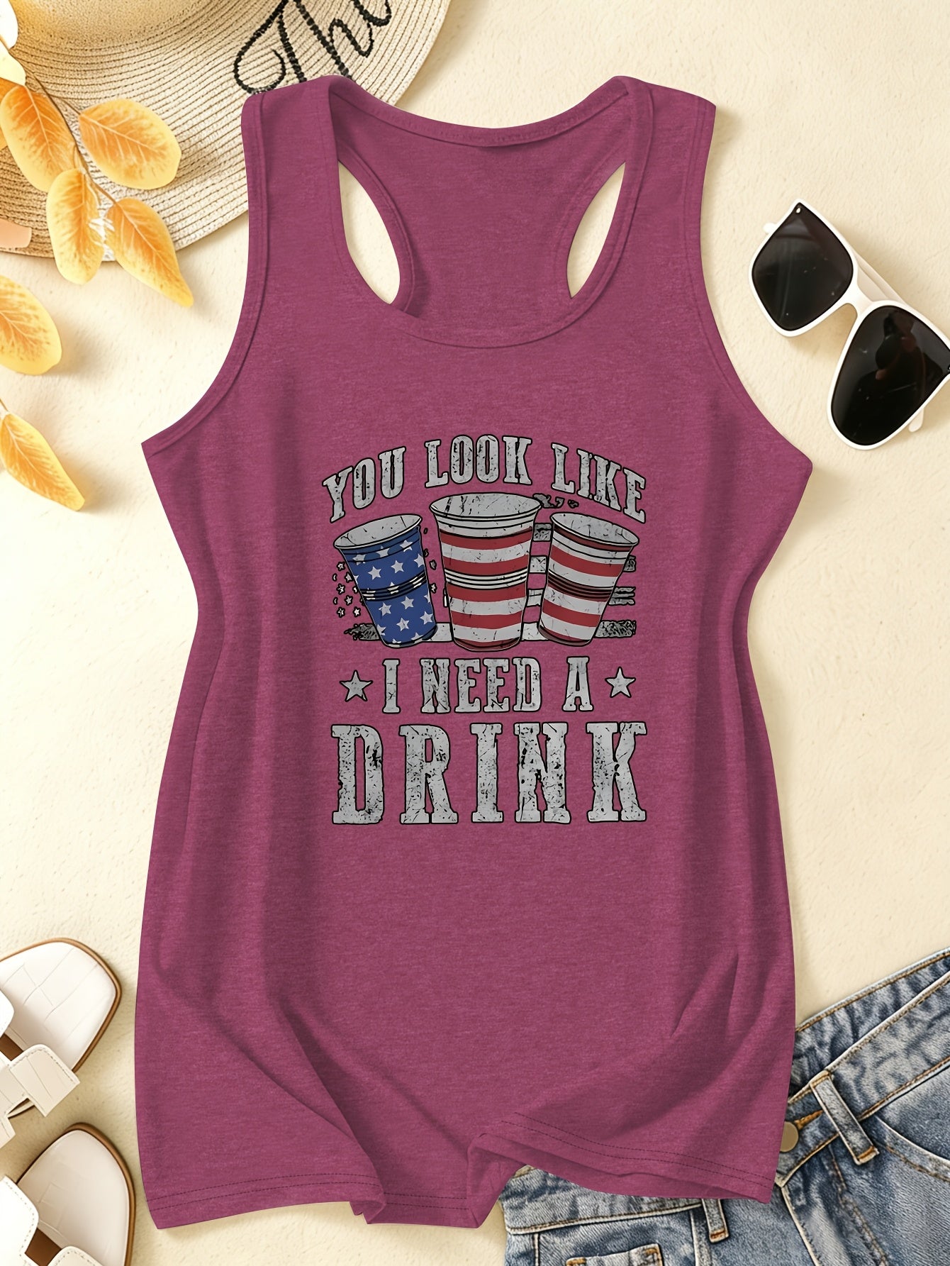 Women's Tank Top T-Shirt, Printed Tank Top T-Shirt, Sleeveless Tank Top T-Shirt, Women's Casual Tank Top T-Shirt 'Looks Like I Need a Beer' Humorous Pattern Print- American Flag Beer Mug, Star Design, Lightweight Summer Crew Neck Top