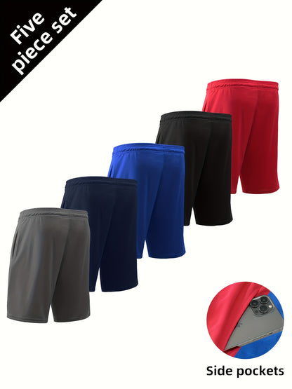 5pcs Men'S Solid Quick Drying Mesh Shorts, Casual Slightly Stretch Elastic Waist Drawstring Shorts for Summer Gym Workout Training