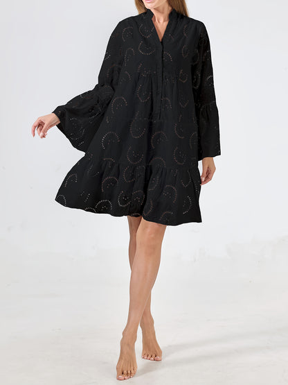 Elegant Mint Green V-Neck Shirt Dress with Bell Sleeves and Lace Cut-Out Detail - Chic Long Casual Dress for Women, Ideal for Home Gatherings and Parties, Casual Party Dress|Bell Sleeve Dress|Machine Washable Dress, Cute Dresses