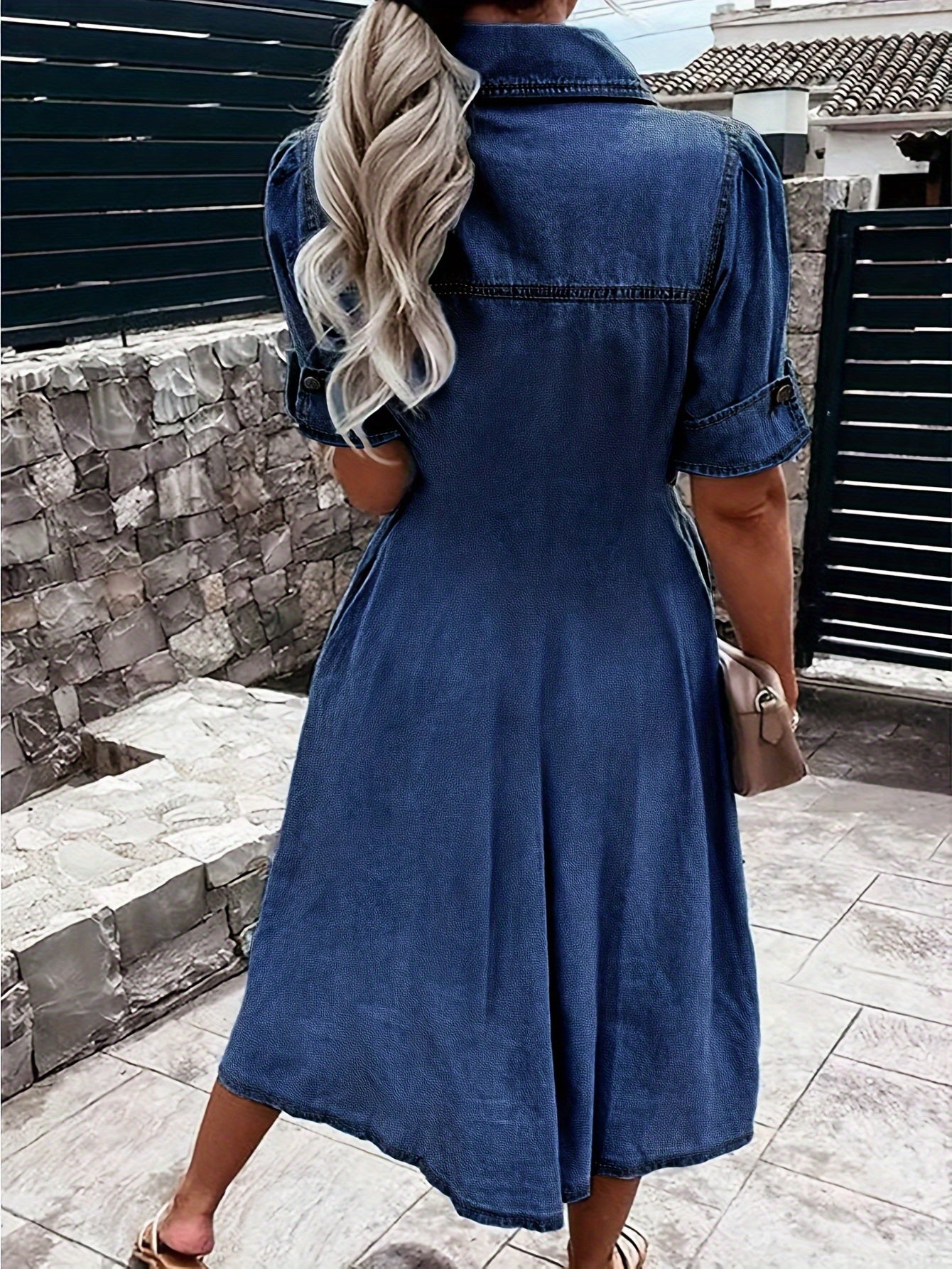 Cross Border Denim Skirt, Women'S Waist Trimming, Large Skirt Hem, Dress with Button Up V-Neck, Fashionable And Temperament, Women'S Skirt