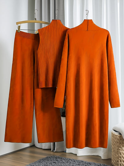 New Autumn And Winter Women'S Loose Set, Including Long Wide-Leg Pants, a Shawl Cardigan, And a High-Neck Vest Sweater, a Fashionable Three-Piece Set