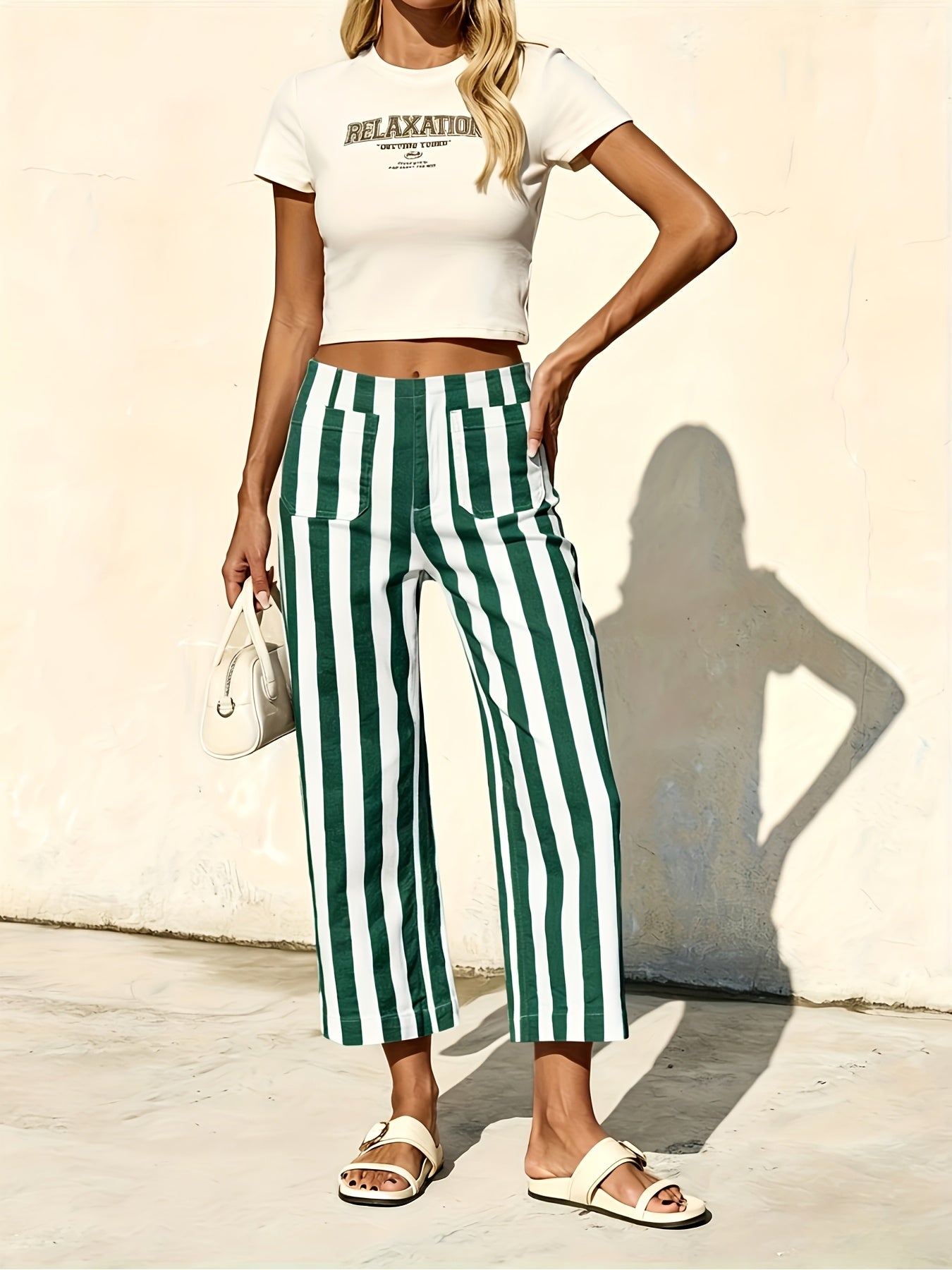 Womens Cropped Striped Jeans Casual High Waisted Stretchy Straight Leg Denim Pants with Pockets