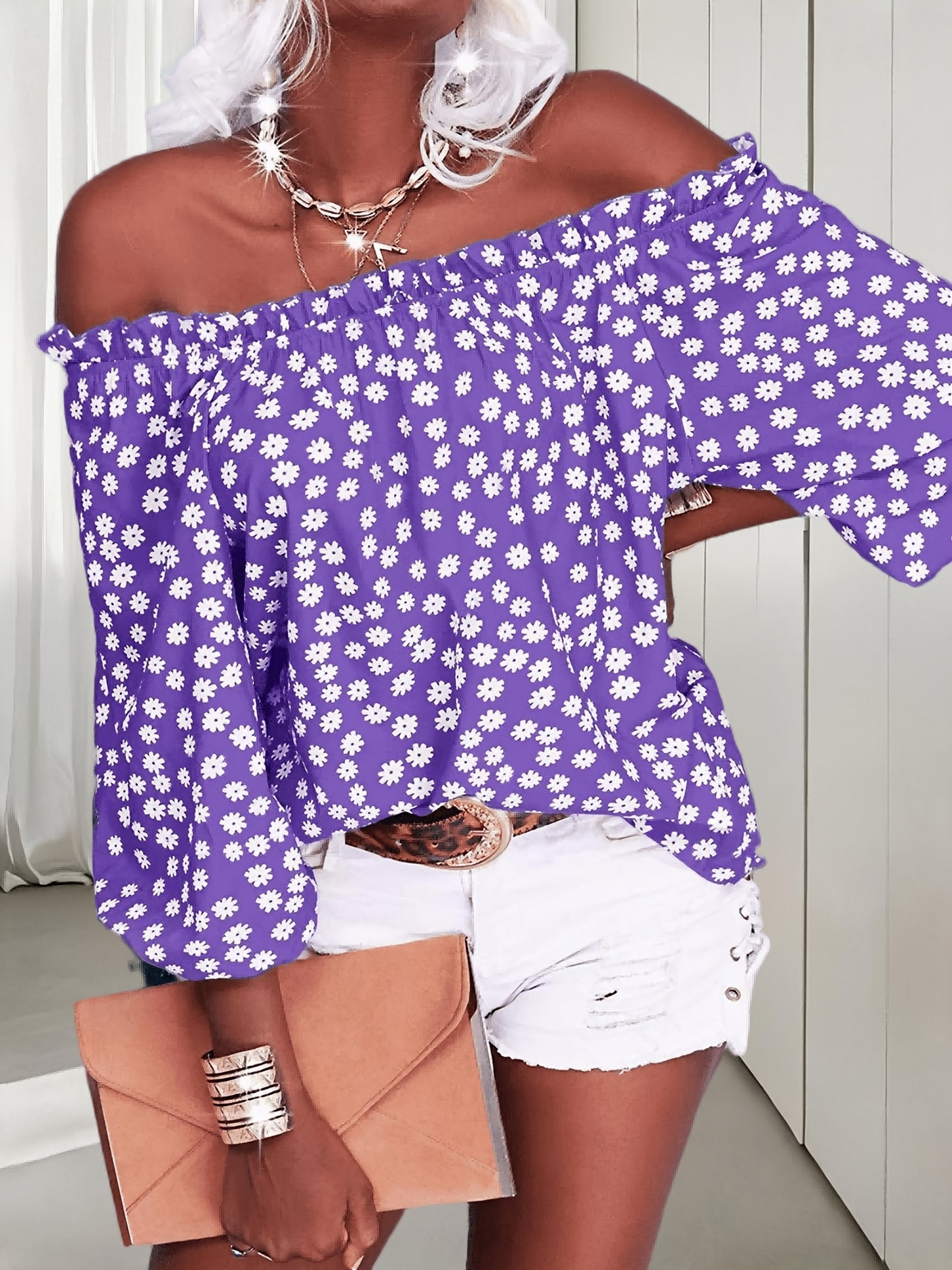 Womens Summer Off Shoulder Blouse Floral Print 3/4 Sleeve Casual Chiffon Tops Shirts