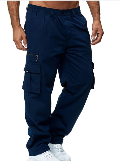 3pcs Men'S Casual Solid Color Cargo Pants, Polyester Non-Stretch Woven Fabric, Multiple Pockets, Regular Fit, Spring/Fall Season, Hiking & Outdoor Scene, Weekend Casual Occasion, Thick