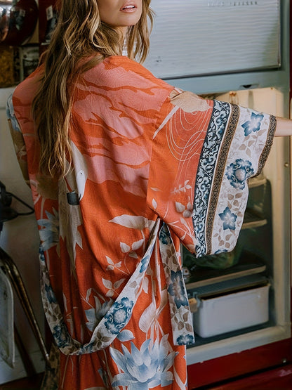 Beach Kimono Cardigan with a Floral And Crane Design, Featuring Long Sleeves And a Relaxed Fit, Suitable for Women'S Swimwear And Apparel