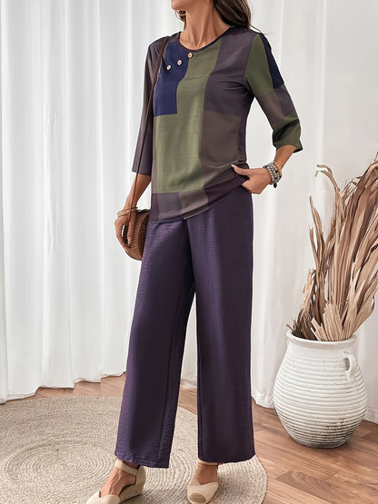 Elegant Women's Two-Piece Set - Round Neck Top And Wide Leg Pants with Checkered Patchwork Print, Polyester Material, Simple And Casual, Soft And Skin-Friendly, Perfect for Spring And Summer