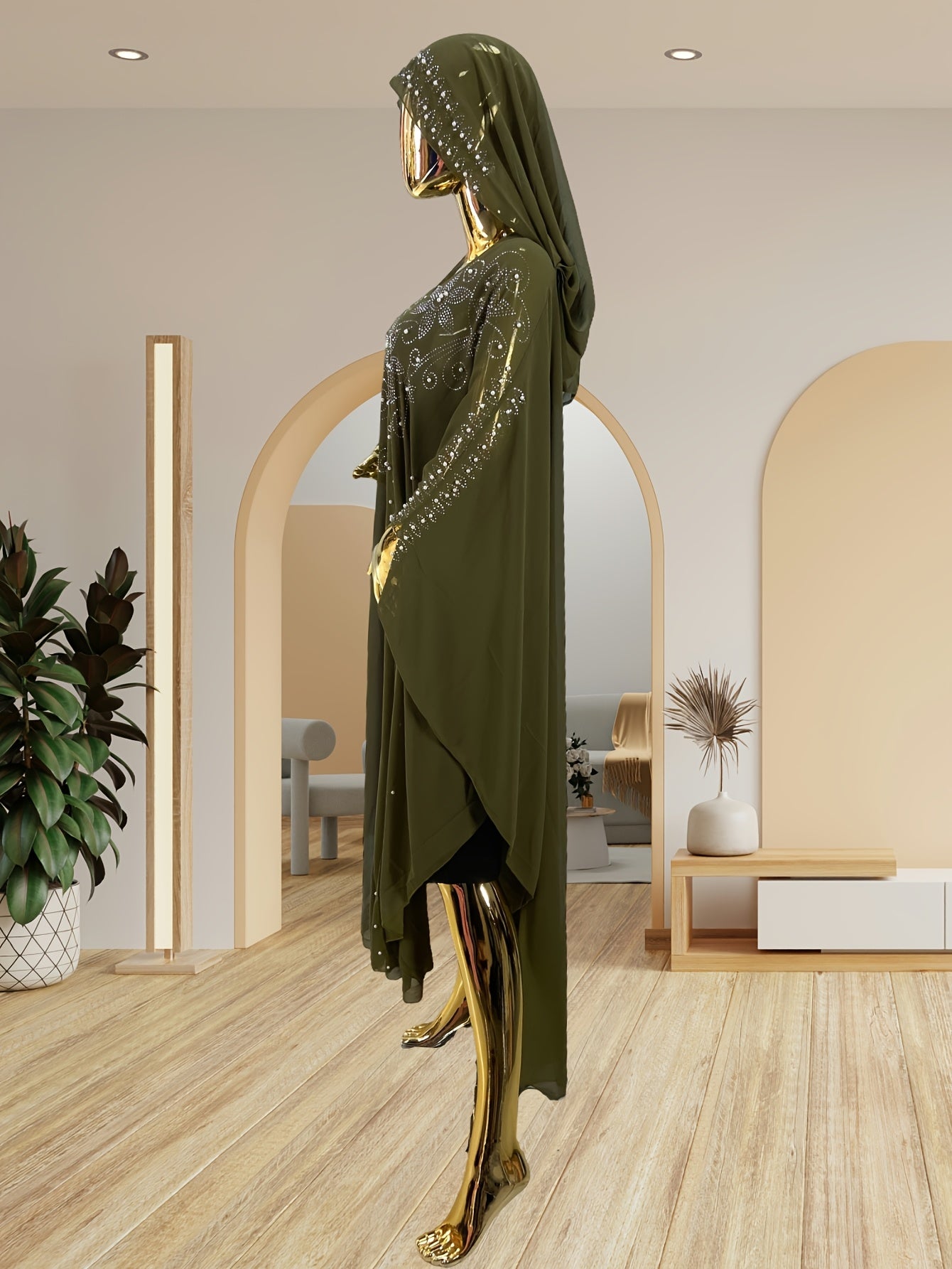 Chic Rhinestone Wrap for Women Featuring Trumpet Sleeves - A Loose-Fitting Long Cape Inspired by Middle Eastern Styles, Adorned with Semi-Sheer Pearls And Crystals, with a Split Hem Perfect for Summer Weddings And Formal Occasions