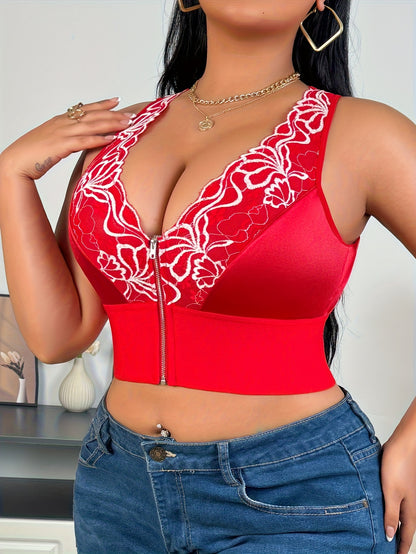 Women's Plus Size Full-Coverage Wire-Free Bra & Shaping Sleeveless Tank Top - Adjustable Zipper Closure, Lace Flower Print, Back-Tightening Shaping Design, Soft Stretch Fabric for Daily Wear & Special Occasions - Lingerie (Hand Washable, No Underwire)