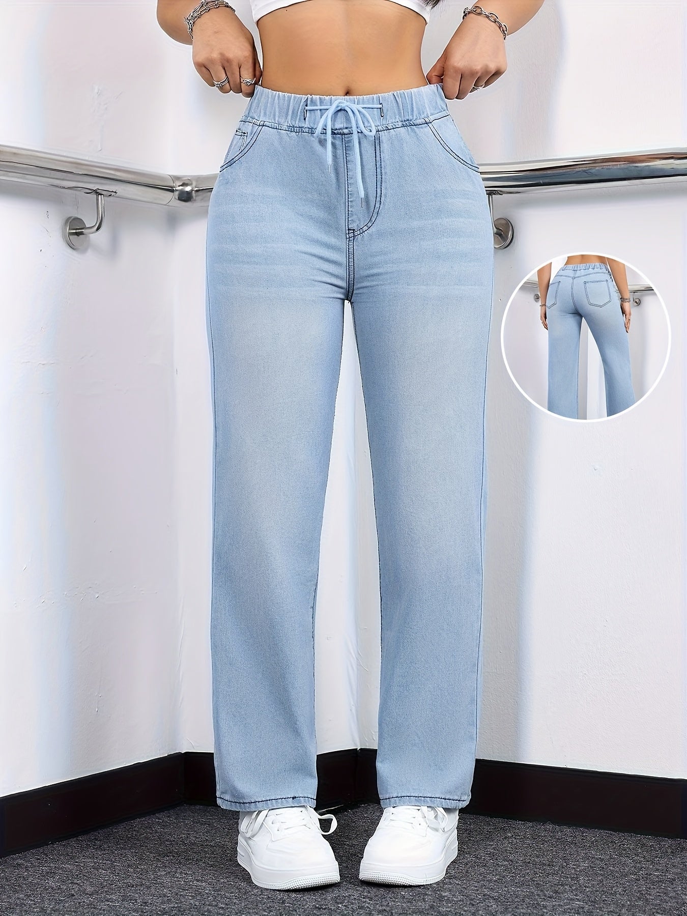 [Drawstring Waist Jeans] Plus Size Women's Drawstring Waist Straight Leg Jeans | High Waist Stretchy Washed Denim | Casual Trendy Comfy Jeans for Daily Wear | Flattering Fit