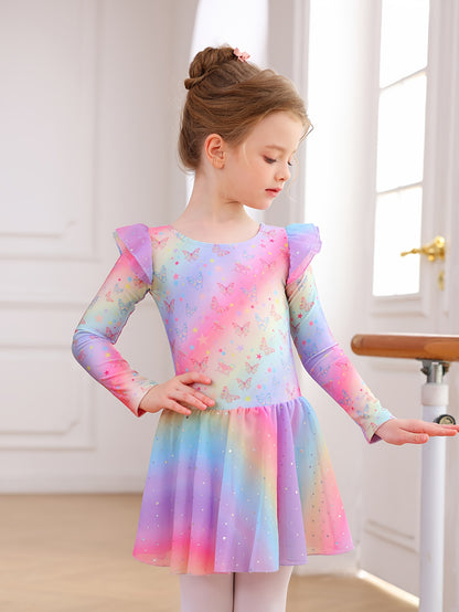 Easter Girl Clothes, Girls' Clothing, Girls' Dance Dress, Autumn And Winter Long-sleeve New Rainbow Star Pattern Tulle Dress, Sweet And Cute Sequin Chiffon Dress, Children's Ballet Dress, Leotard Tulle Dress