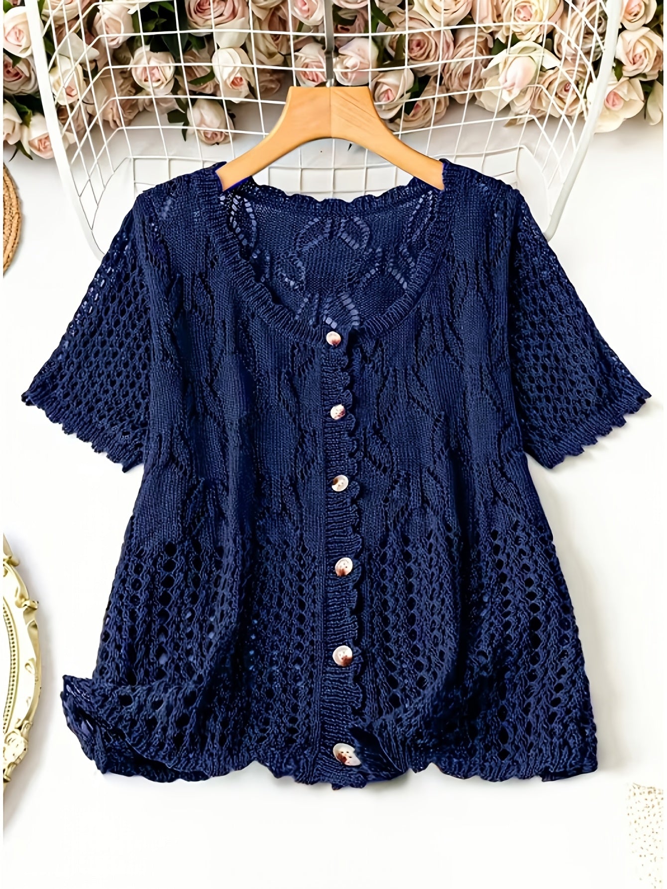 Plus Size - Large Size Women'S Casual Cardigan Light And Thin Short Sleeved Pearl Button, Semi Transparent, Round Neck All Season Versatile Layered Top