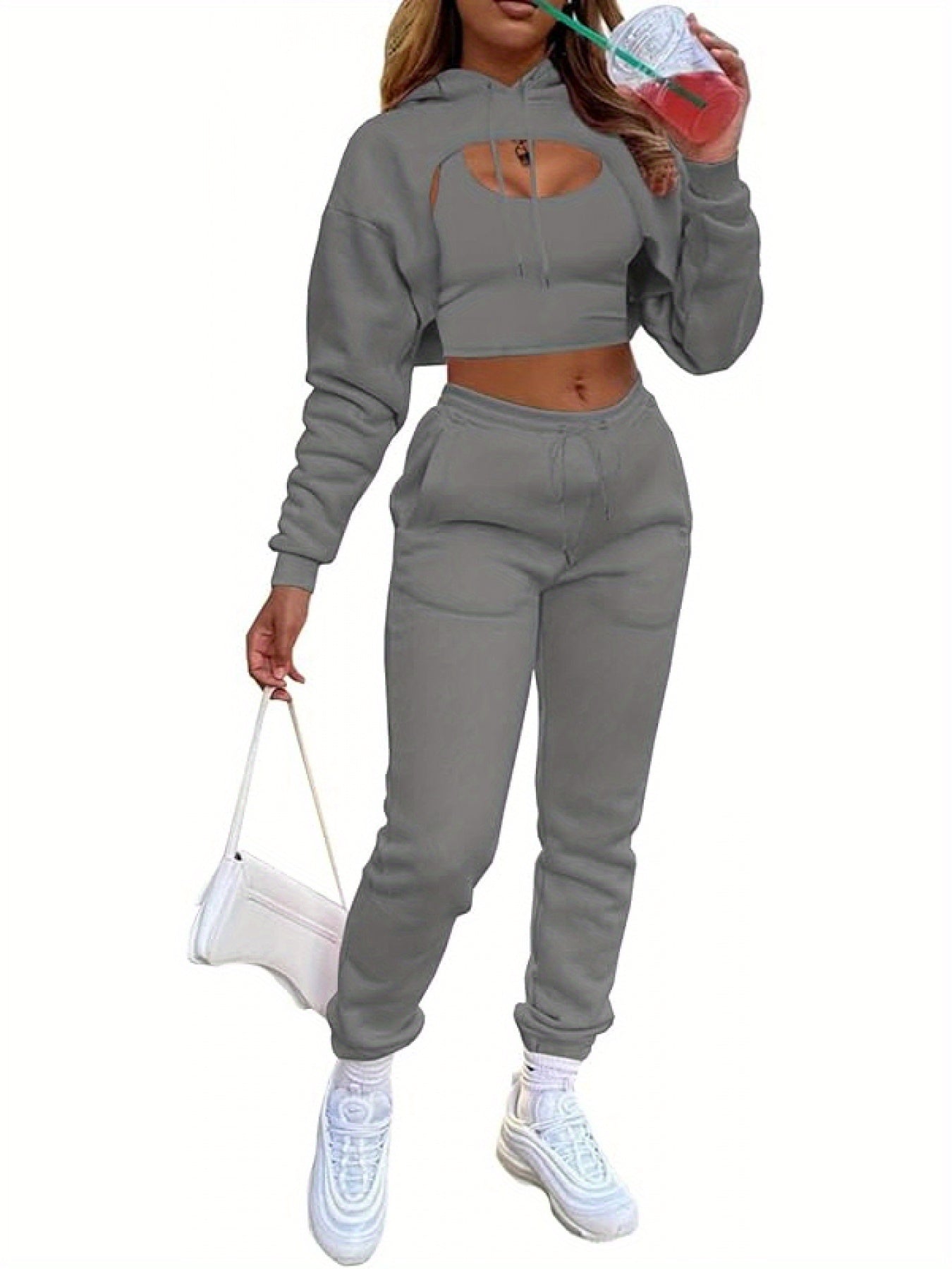Women'S 3pcs Sweatsuits Sets Sexy Super Cropped Hoodie Tank Top And High Waisted Jogger Sweatpants Matching Loungewear Athleisure Outfits