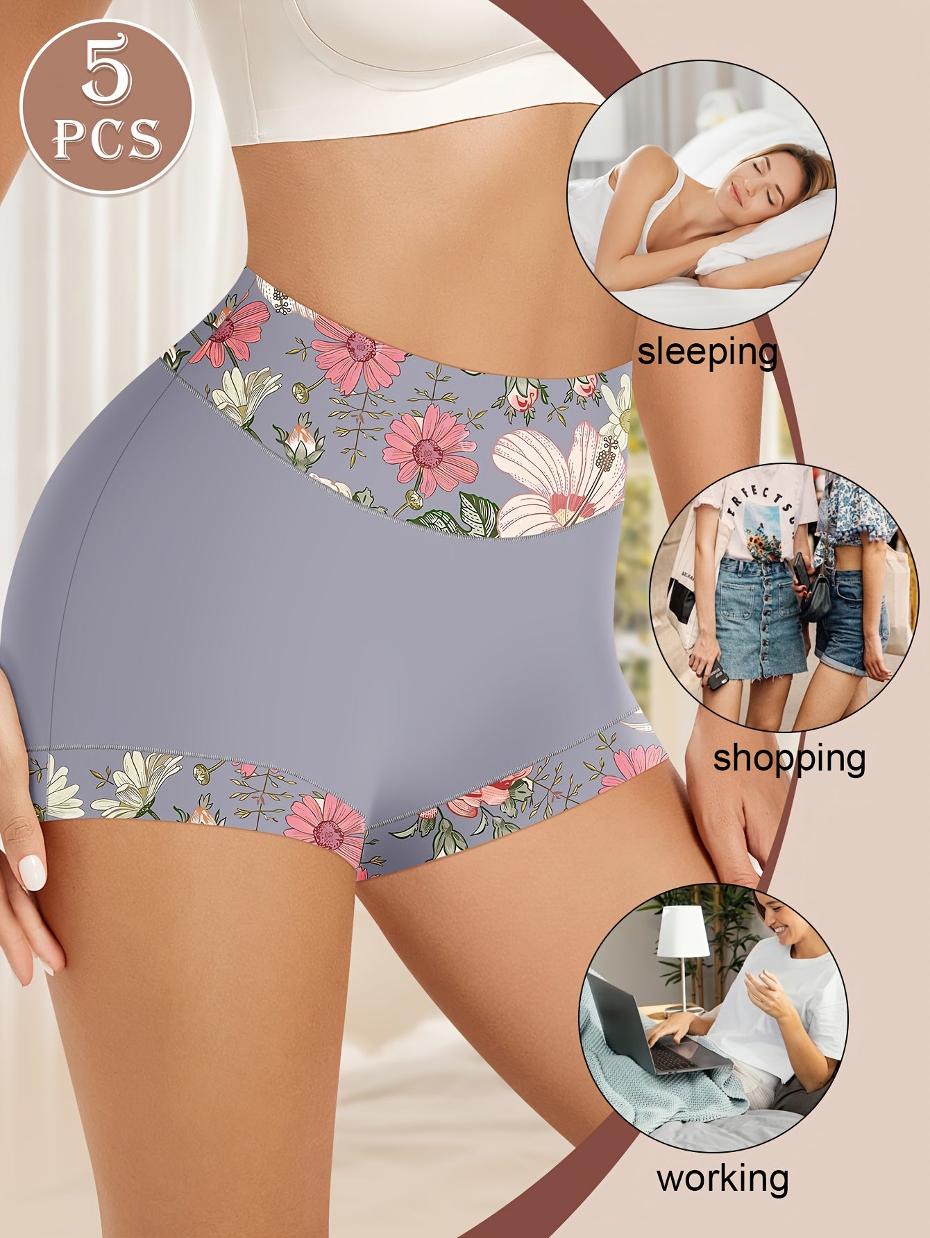 5pcs Elegant Panties Women's Floral Print High Waisted Soft Briefs