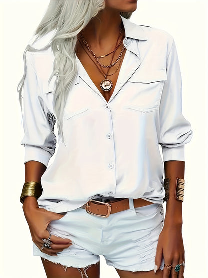 Women's Solid Color Lapel Long Sleeve Button- Shirt - Casual & Office Versatile Blouse, Machine Washable Spring/Fall Top with Classic Collar Design