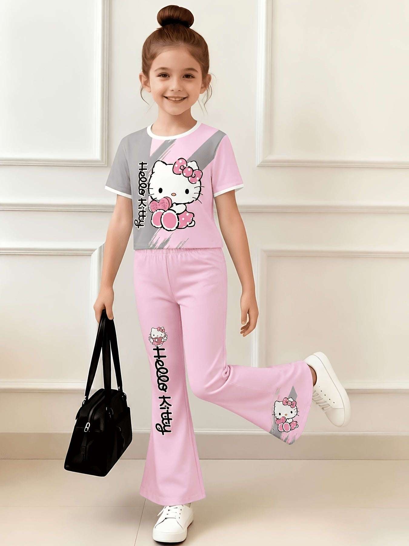 Sanrio-Licensed Hello Kitty for My Melody Keroppi Pachadog Girls' Short-Sleeved Top And Pants Set, Featuring a Cute Hello Kitty Printed T-Shirt And Flare Pants, Perfect for Daily Wear And Outdoor Activities, for Outdoor