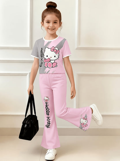 Sanrio-Licensed Hello Kitty for My Melody Keroppi Pachadog Girls' Short-Sleeved Top And Pants Set, Featuring a Cute Hello Kitty Printed T-Shirt And Flare Pants, Perfect for Daily Wear And Outdoor Activities, for Outdoor