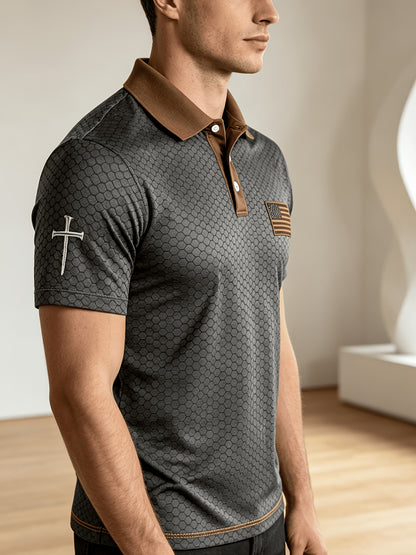 American Flag Gradient Cross Print Polo Shirt for Men's Casual Lapel Short Sleeved Patriotic Themed Commuting Top, American Flag Armband Contrasting Striped Short Sleeved Casual Business Lapel Top