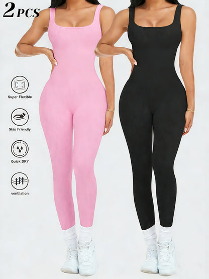 2pcs - Women'S Autumn And Winter Sleeveless Square Collar Long Jumpsuit, 90% Nylon And 10% Elastic Fiber Fabric Comfortable, Thick, Impermeable Washable And Reusable, Suitable For Any Activity Occasion, Exercise, Fitness, Pilates, Running, Yoga