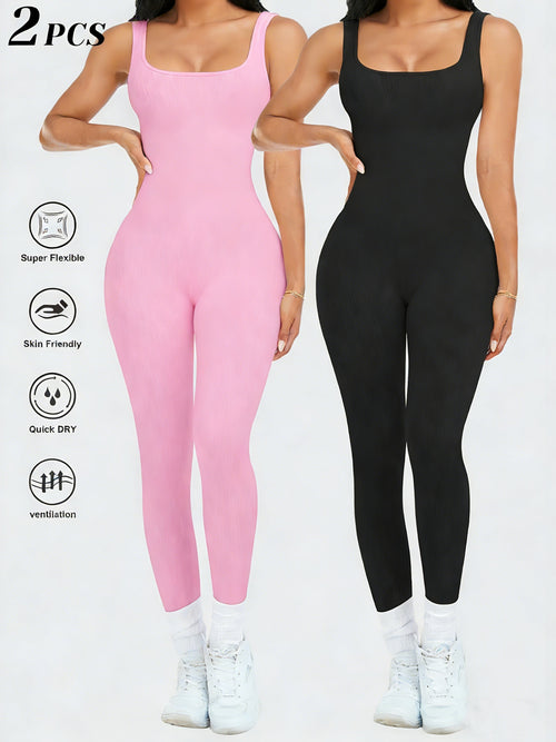 2pcs - Women'S Autumn And Winter Sleeveless Square Collar Long Jumpsuit, 90% Nylon And 10% Elastic Fiber Fabric Comfortable, Thick, Impermeable Washable And Reusable, Suitable For Any Activity Occasion, Exercise, Fitness, Pilates, Running, Yoga