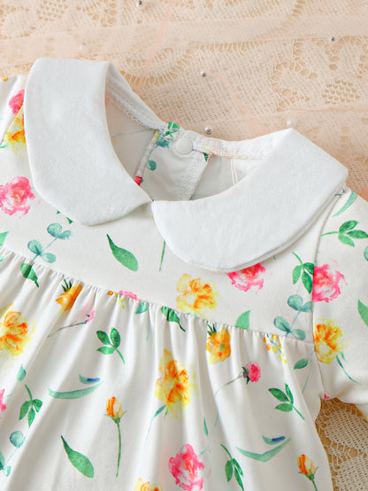 3pcs Girls' Casual Dress Set, Summer New Style, 3 Colors, Floral Butterfly Print, Short Sleeve, Cute Doll Collar, Back Button Closure Dress Combo