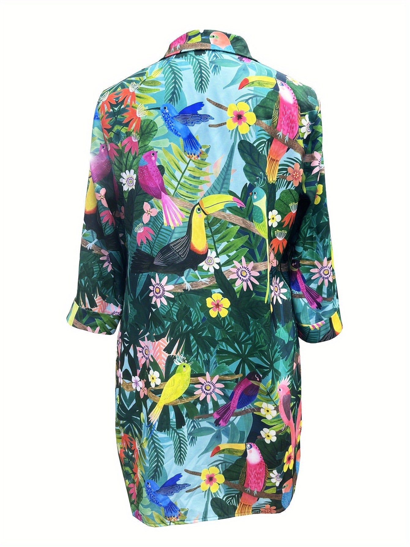 Plus Size Plant Print Button Front Loose Dress, Casual Collared Long Sleeve Dress For Spring & Fall, Women'S Plus Size Clothing