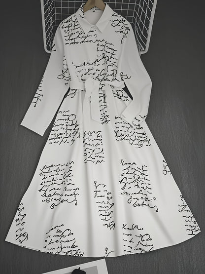 Women's Commuter Fashion POLO Neck Lining Long Sleeve Clothes Elastic Waist Large Swing Letter Printed Dresses