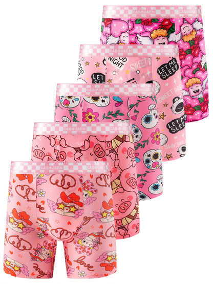 Caohuaen, 5pcs Men's New Graffiti Printing Long Boxer Briefs Thin Breathable And Comfortable Fashion.