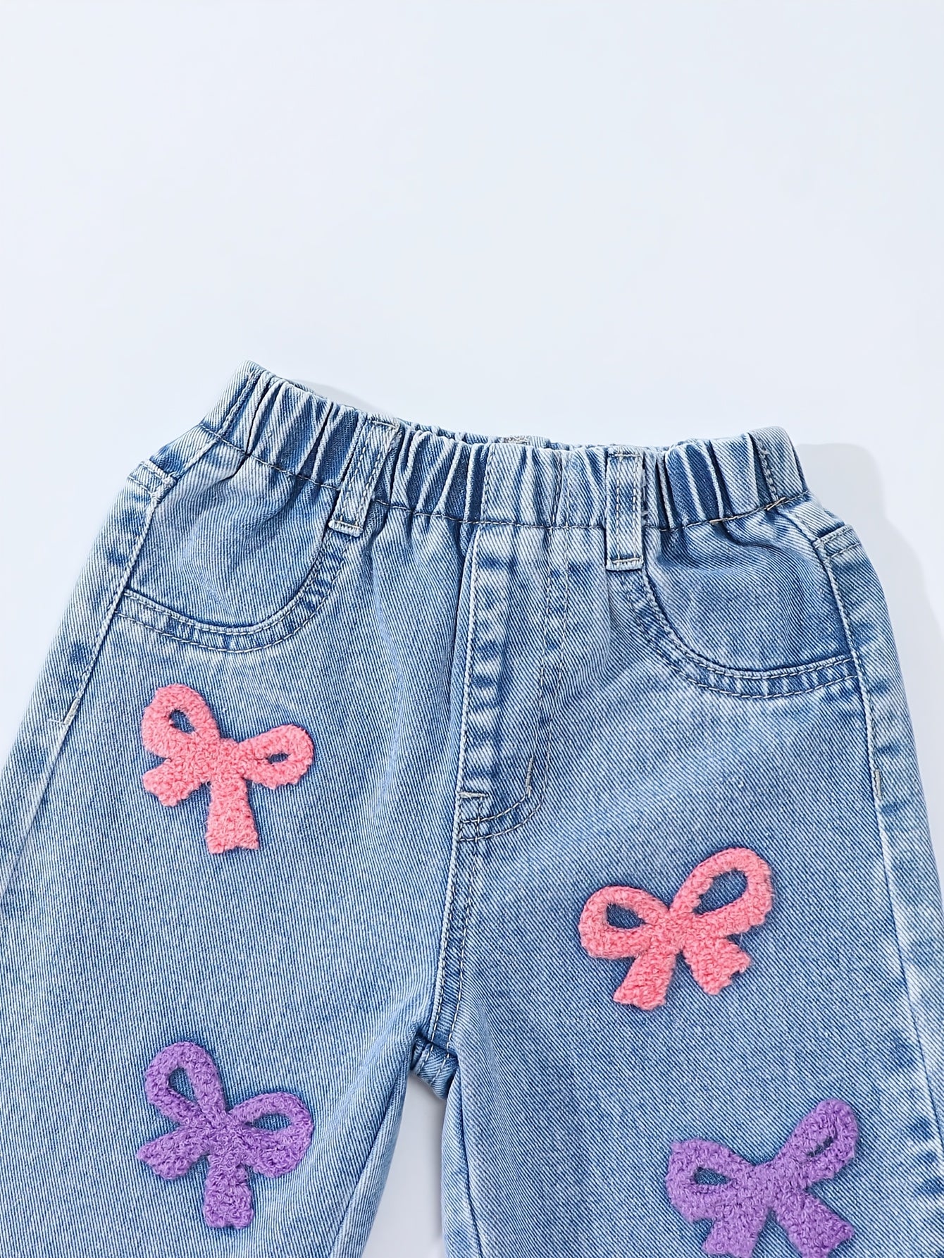 CuddClio Only 1 Pair Of Jeans Included. Baby Girls Loose-Fit Jeans For Fall & Winter, Cute Pink/Purple Bow Embroidered Jeans, Comfortable Denim With Elastic Waistband, Casual & Outdoor Wear, Ideal For Halloween/Christmas Gifts.