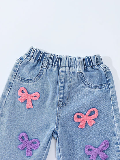 CuddClio Only 1 Pair Of Jeans Included. Baby Girls Loose-Fit Jeans For Fall & Winter, Cute Pink/Purple Bow Embroidered Jeans, Comfortable Denim With Elastic Waistband, Casual & Outdoor Wear, Ideal For Halloween/Christmas Gifts.