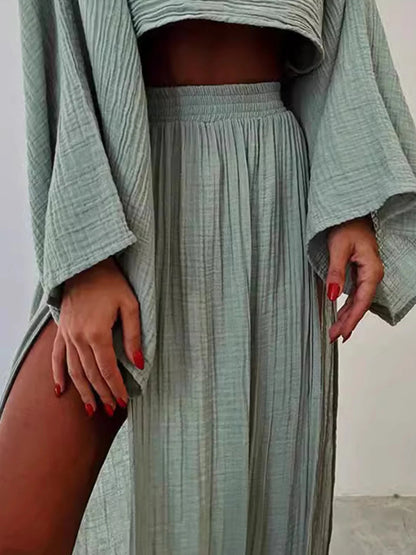 Spring Summer Women'S Chic Vacation Set| Soft Fabric Relaxed Fit Tapered Design| Cropped Top High Waist Slit Casual Pants Two Piece Set Style For Casual Friday And Weekend Errands Occasions| Comfortable Beach Outfits For Women