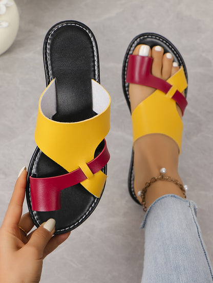Women's Toe Flat Anti Slip Sandals, Fashionable Open Toe Color Blocking Summer Sandals, Casual Outdoor Beach Sandals