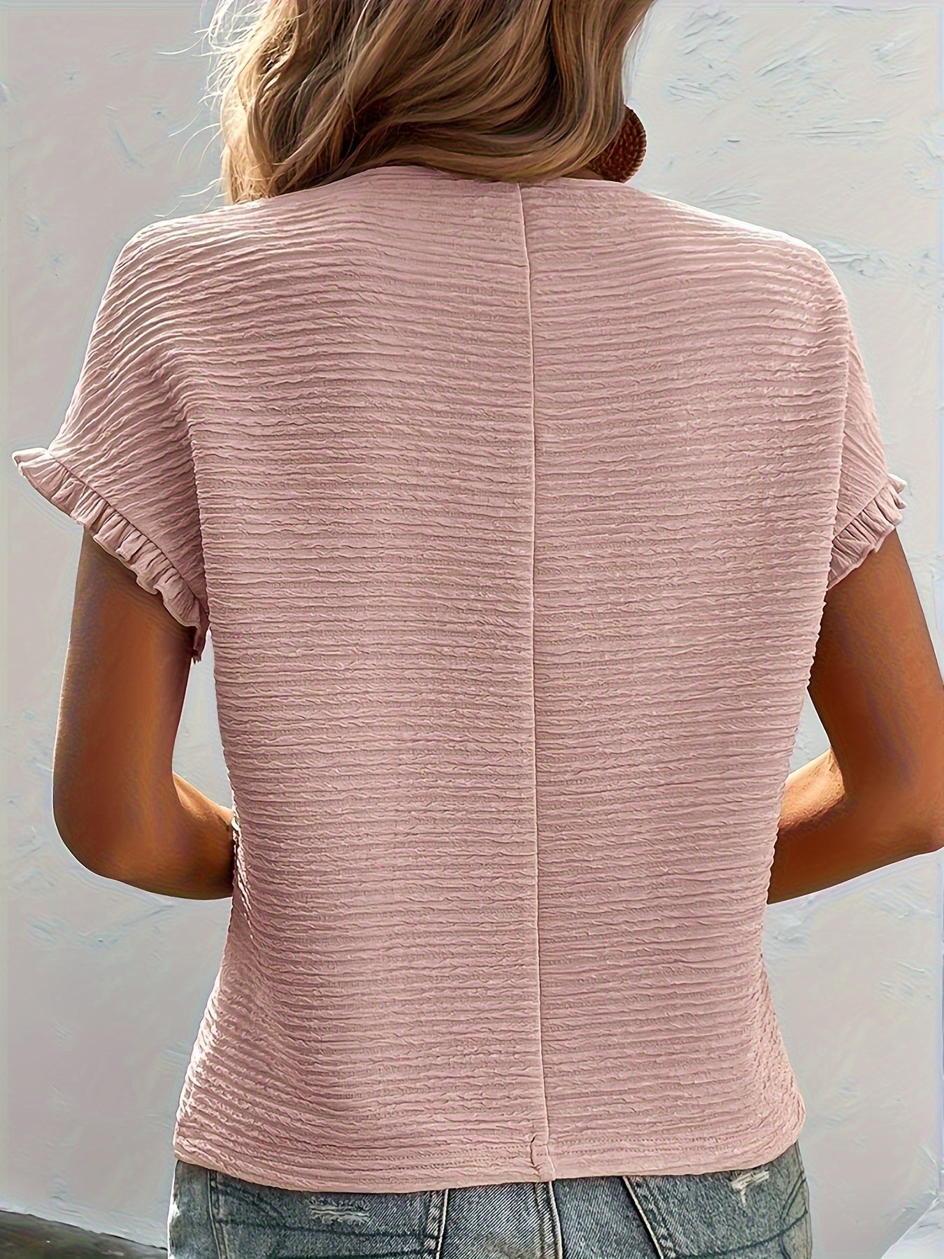 Solid Textured Ruffled Short Sleeve Blouse