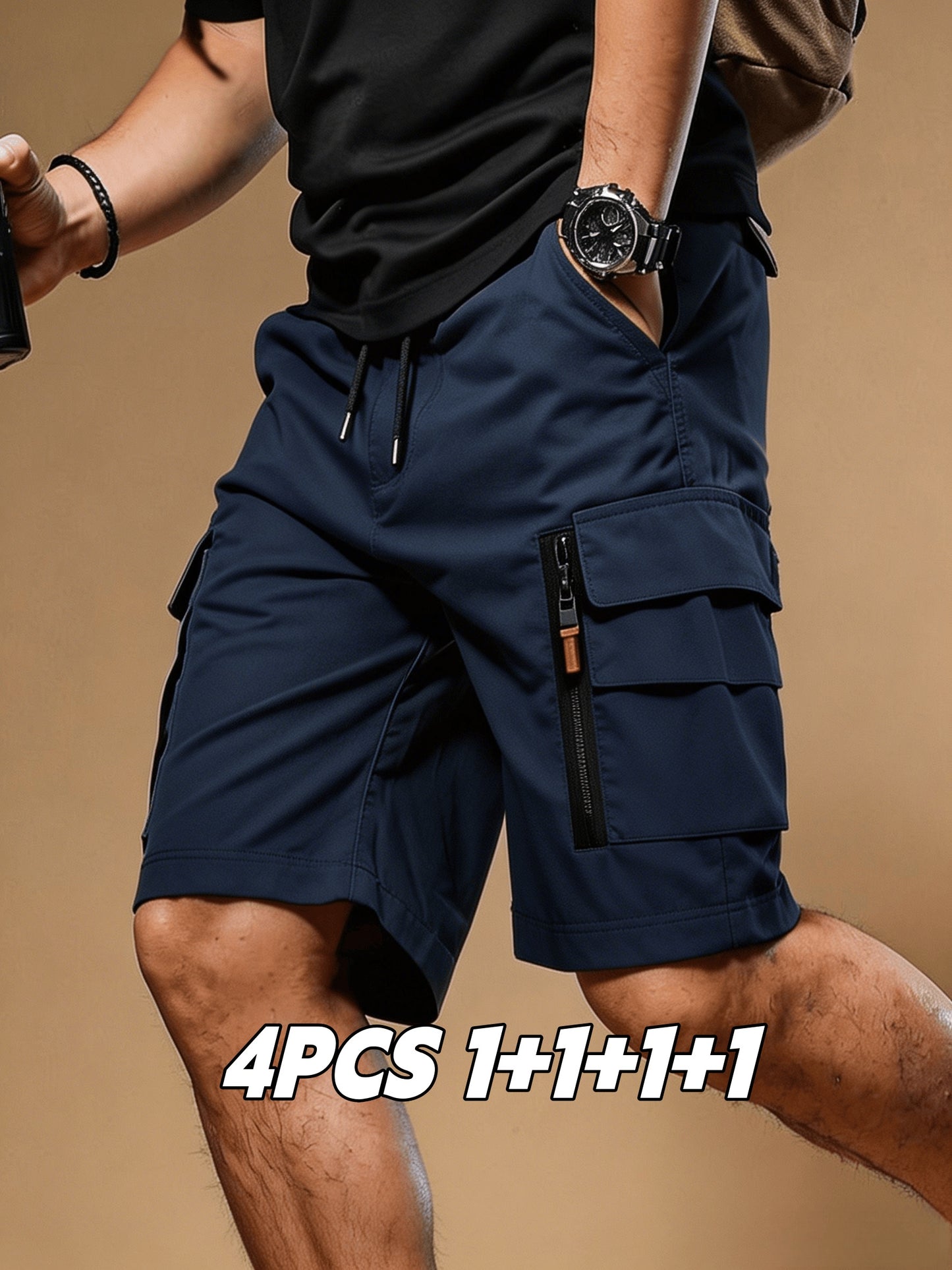4 pc Men Summer Cargo Shorts Elastic Drawstring Multi Zipper Pockets Lightweight Quick Dry Athletic Shorts Casual Workout Hiking Running Outdoor Sweat Shorts Ideal Gift for Men Guys